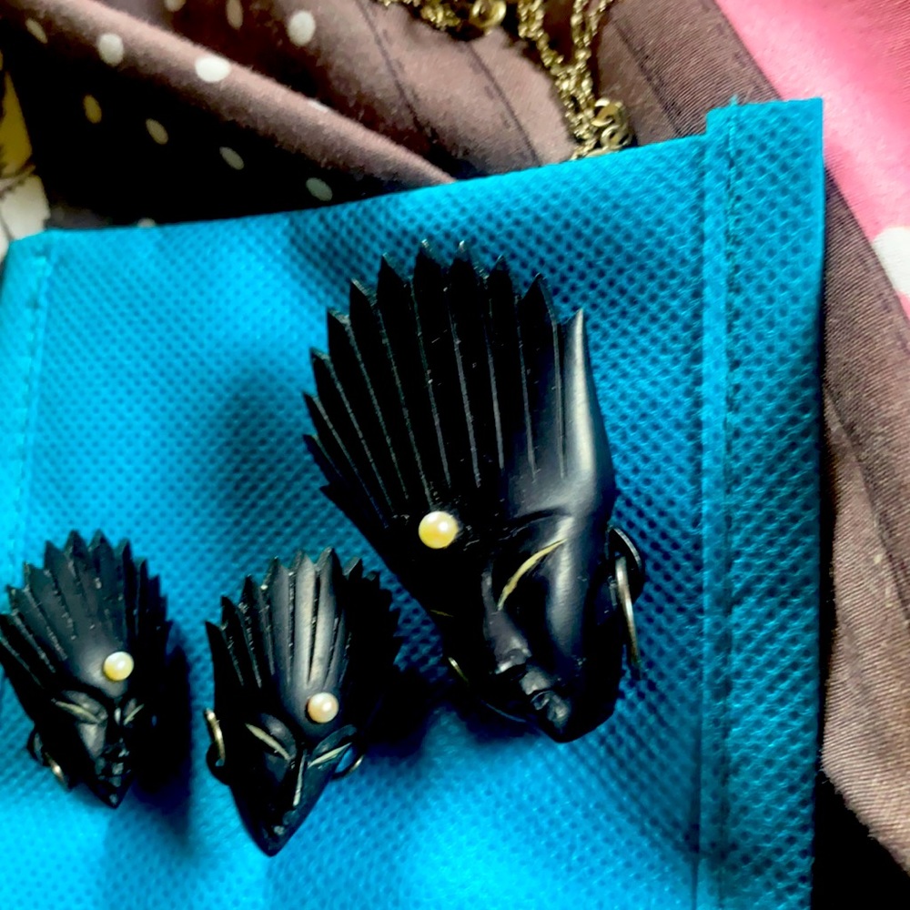 Ebony Tribal earrings ~ brooch with real seed pearls, sterling silver hardware—